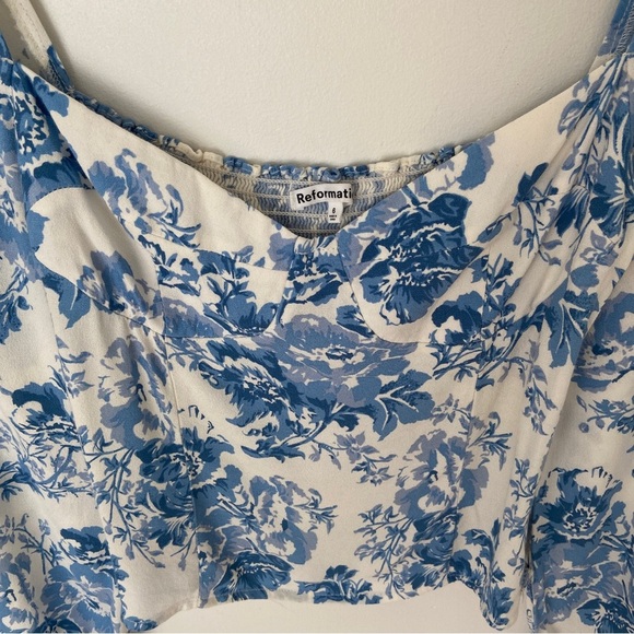 Reformation Reign Top in Olympia Blue Floral Smocked Sweetheart Long Sleeve sz 6 - Picture 5 of 8